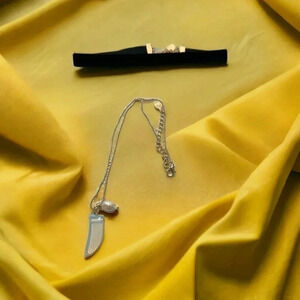Black Velvet Ribbon Choker & Gold Plated Clear Pendant Necklace